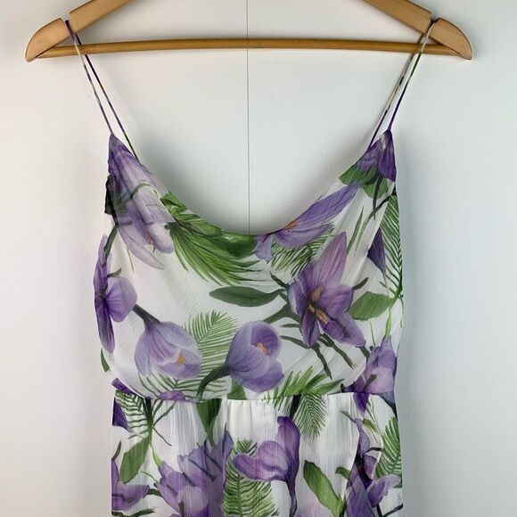 ALICE + OLIVIA White Purple Green Floral Print Cowl Neck Ruffle Slit Dress Sz 0 - Picture 4 of 13
